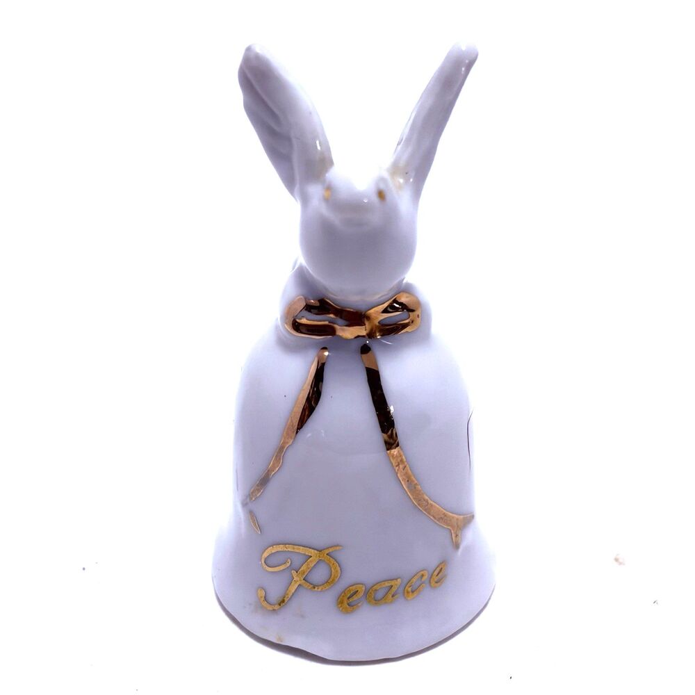 White Porcelain Mini Bell "Peace" Gold Accent Ribbon, Dove Bird Handle 2.5"